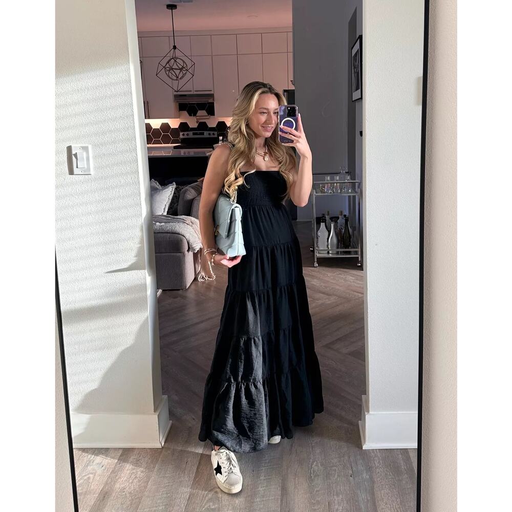 Abercrombie & Fitch Black Tiered Ruched Babydoll Maxi Dress